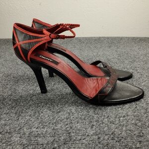 Vintage DKNY Strappy Leather Stiletto Heels Womens 8.5 Open Toe Black Red Goth